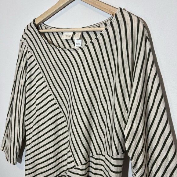 CHICOS 2 Top Size Large Striped Stretch Tunic Green White Long Sleeve Cotton - Picture 8 of 9